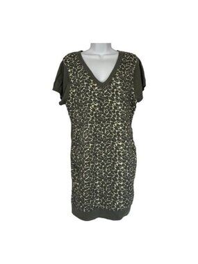 Extra Touch Womens 2X Leopard Knit Short-Sleeve V-Neck Sweater Dress Gray/Beige